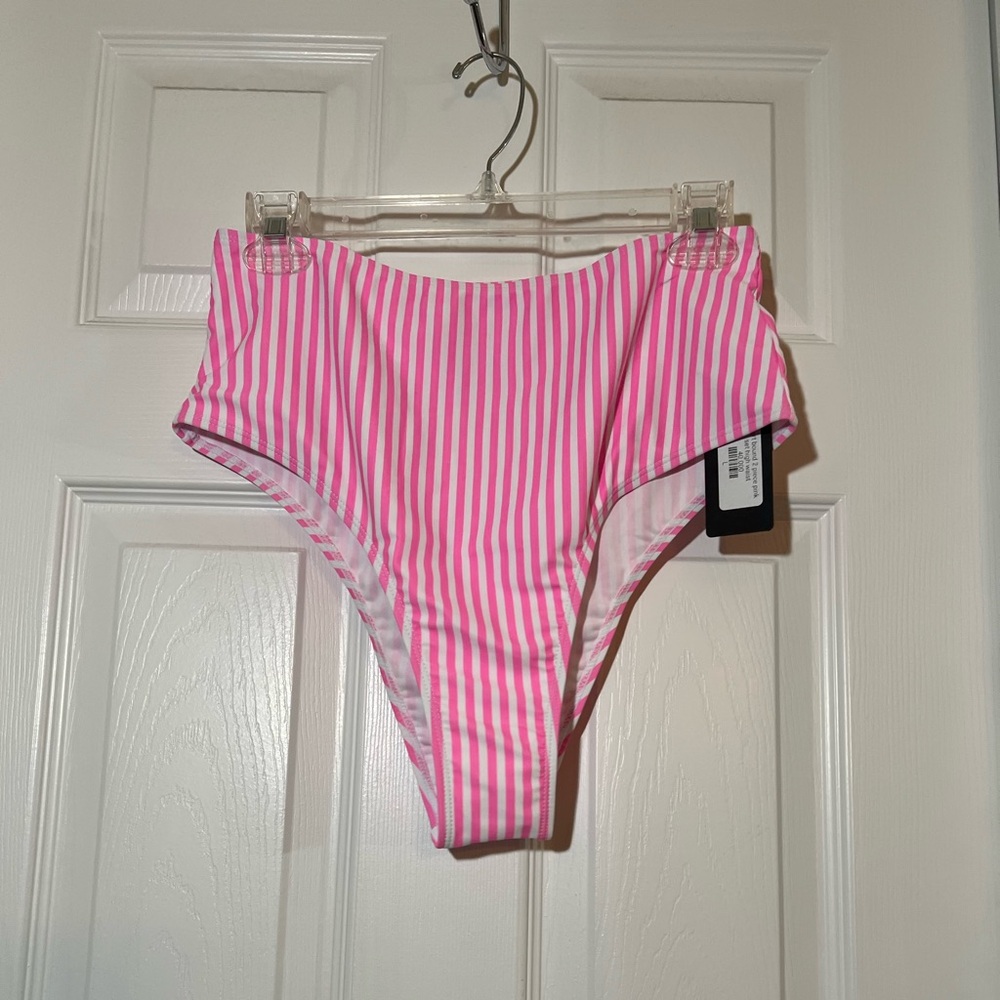 💐 Pink Striped High-Waisted Bikini Bottom size large